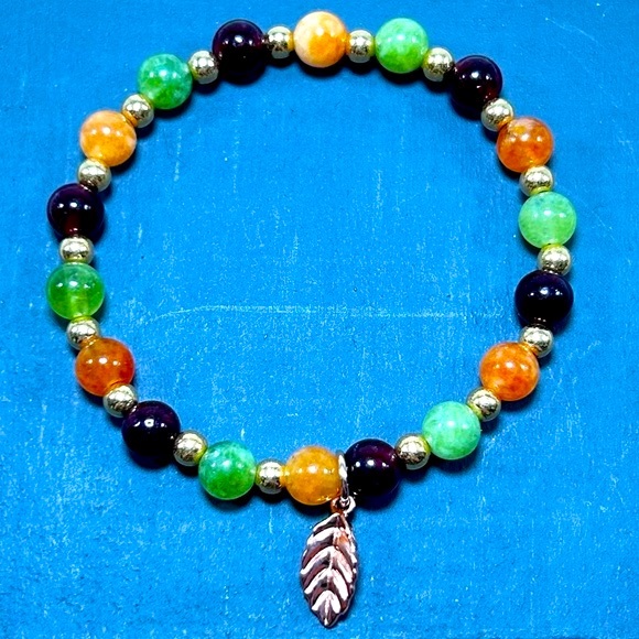 Handmade Fall Leaf Charm Bracelet with Garnet & Jade Gemstones! - Picture 2 of 4